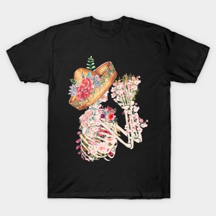 Skeleton and Flowers Bones and Botany Dia De los Muertos T-Shirt